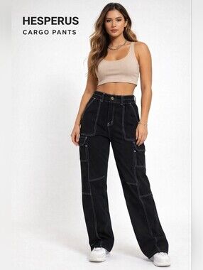 Hesperus Black Wide-Leg Cargo Pants